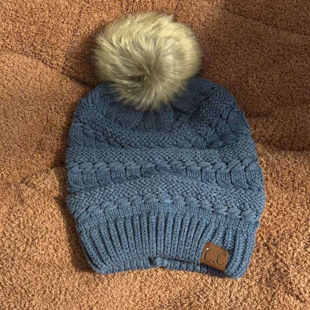 C.C Denim Blue Knit Beanie with Pom
